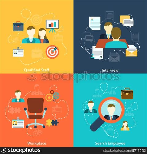 Human resources man woman personnel search selection and interviewing candidates four flat icons composition abstract vector illustration