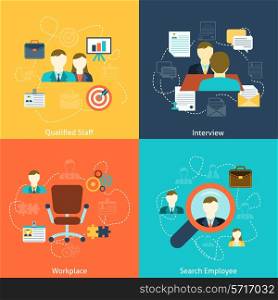 Human resources man woman personnel search selection and interviewing candidates four flat icons composition abstract vector illustration