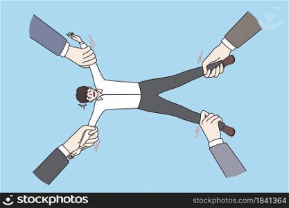 Human resources management and value concept. Hands of headhunters stretching valuable experienced employee in different directions over blue background vector illustration . Human resources management and value concept