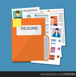 Human resources management concept, searching professional staff, work, analyzing resume, folder with documents. vector illustration in flat design on blue background. Human resources management concept