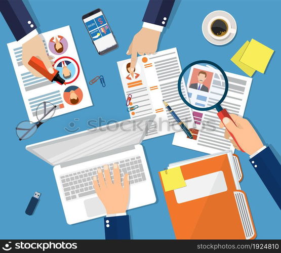 Human resources management concept, searching professional staff, work, hq, hard choice between three people, resume on desk, pen, coffee cup. Vector illustration in flat style. Human resources management concept
