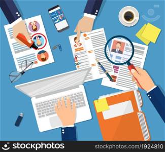 Human resources management concept, searching professional staff, work, hq, hard choice between three people, resume on desk, pen, coffee cup. Vector illustration in flat style. Human resources management concept