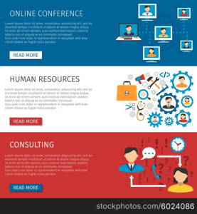 Human Resources Management Flat Banners Set. Human resources teams online conferences and consulting website 3 flat interactive banners design abstract isolated vector illustration