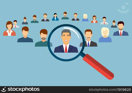 Human resources management select employee. Recruitment, concept of human resources management. CV application. Selecting staff. vector illustration in flat design. Human resources management select employee