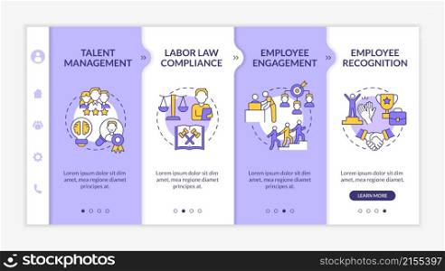 Human resources manager duties purple and white onboarding template. Responsive mobile website with linear concept icons. Web page walkthrough 4 step screens. Lato-Bold, Regular fonts used. Human resources manager duties purple and white onboarding template