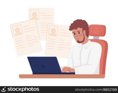 Human resources manager evaluating resumes semi flat color vector character. Editable figure. Half body person on white. Simple cartoon style illustration for web graphic design and animation. Human resources manager evaluating resumes semi flat color vector character