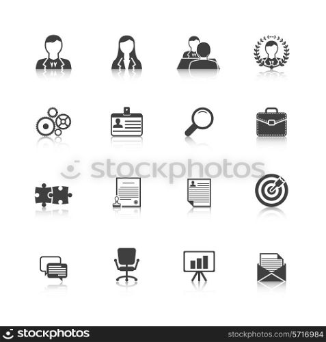 Human resources personnel selection strategy and professional people management black icons collection abstract isolated vector illustration