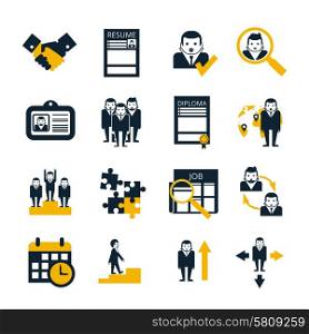 Human resources personnel selection strategy and team work collaboration management black icons collection abstract isolated vector illustration. Human resources black icons set