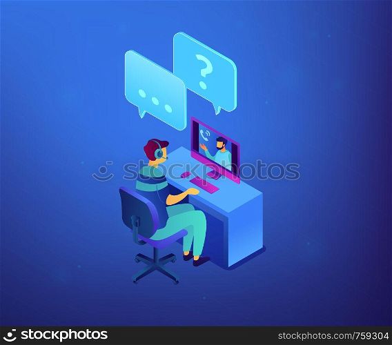 Human resourses manager interviewing a job candidate at computer online, tiny people. Online job interview, web testing, online examination concept. Ultraviolet neon vector isometric 3D illustration.. Online job interview isometric 3D concept illustration.