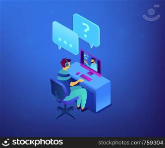 Human resourses manager interviewing a job candidate at computer online, tiny people. Online job interview, web testing, online examination concept. Ultraviolet neon vector isometric 3D illustration.. Online job interview isometric 3D concept illustration.