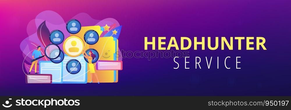 Human resourses managers doing professional staff research with magnifier. Human resources, HR team work and headhunter service concept. Header or footer banner template with copy space.. Human resources concept banner header.