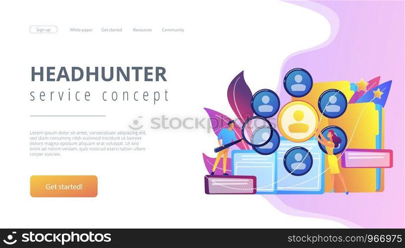 Human resourses managers doing professional staff research with magnifier. Human resources, HR team work and headhunter service concept. Website vibrant violet landing web page template.. Human resources concept landing page.