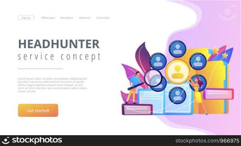 Human resourses managers doing professional staff research with magnifier. Human resources, HR team work and headhunter service concept. Website vibrant violet landing web page template.. Human resources concept landing page.