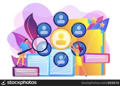 Human resourses managers doing professional staff research with magnifier. Human resources, HR team work and headhunter service concept. Bright vibrant violet vector isolated illustration. Human resources concept vector illustration.