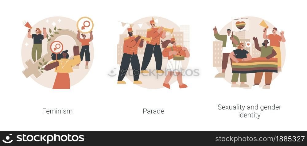 Human rights abstract concept vector illustration set. Feminism, parade and peaceful march, mass event, sexuality and gender identity, girl power, equal rights, LGBT movement abstract metaphor.. Human rights abstract concept vector illustrations.