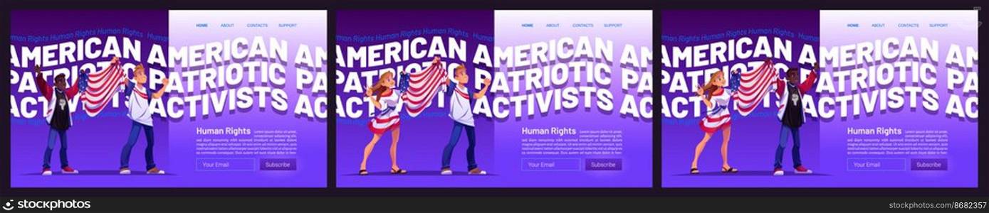 Human rights cartoon landing pages with multiracial people hold Usa flag. American patriotic activists movement. White and black skin women or men protest on demonstration riot, vector web banners set. Human rights cartoon landing pages, demonstration