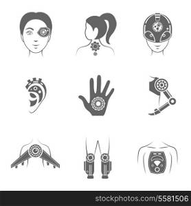 Human robot futuristic digital body parts black icons set isolated vector illustration