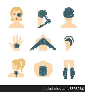 Human robot futuristic digital body parts flat icons set isolated vector illustration