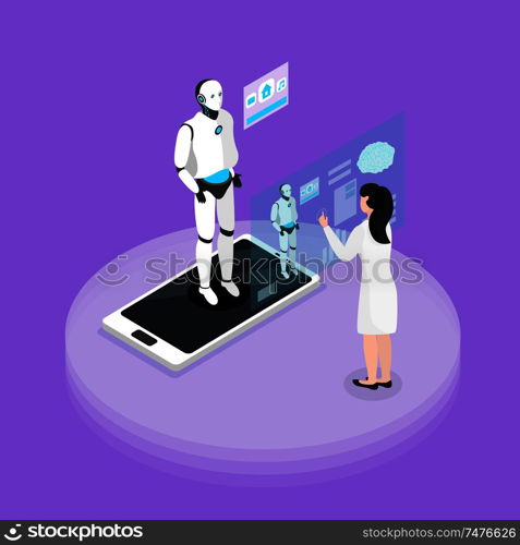 Human robot interaction experience with programmable platform isometric background composition with humanoid on smartphone screen vector illustration