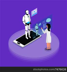 Human robot interaction experience with programmable platform isometric background composition with humanoid on smartphone screen vector illustration