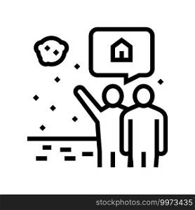 human showing space house in sky line icon vector. human showing space house in sky sign. isolated contour symbol black illustration. human showing space house in sky line icon vector illustration