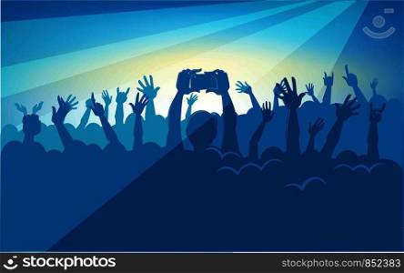 Human silhouettes in massive crowd with raised hands that hold modern devices in colorful neon spotlights at concert cartoon flat vector illustration. People have fun at music performance.. Human silhouettes in massive crowd with raised hands that hold modern devices in colorful neon spotlights at concert cartoon flat vector illustration