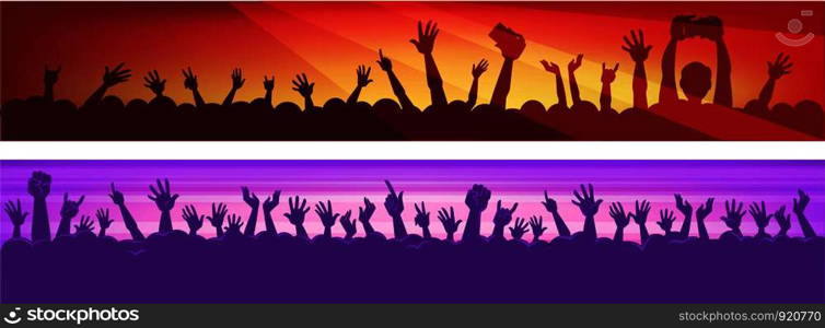 Human silhouettes in massive crowd with raised hands that hold modern devices in colorful neon spotlights at concert cartoon flat vector illustrations set. People have fun at music performance.. Human silhouettes in massive crowd with raised hands that hold modern devices in colorful neon spotlights at concert cartoon flat vector illustrations