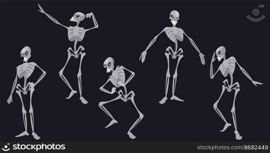 Human skeleton character in different poses isolated on black background. Vector set of cartoon smiling skeleton, dancing body from bones and skull. Halloween emoji set of dead man. Human skeleton character in different poses