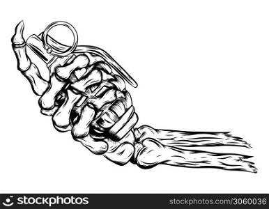 human skeleton hand holding grenade