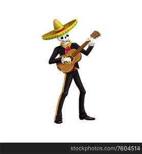 Human skeleton in sombrero hat and black suit playing on guitar. Vector Cinco de Mayo day of dead. Mexican mariachi, dead skeleton playing on guitar
