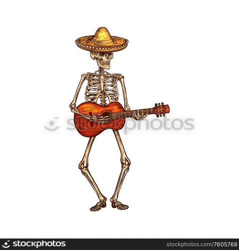 Human skeleton in sombrero hat playing on guitar. Vector Cinco de Mayo day of dead, mexican mariachi. Skeleton playing on guitar, dead in sombrero hat