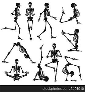 Human skeletons black silhouettes doing gymnastics and yoga asanas isolated on white background flat vector illustration. Black Human Skeletons Background