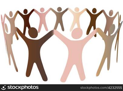 Human skintones join hands and blend together in a ring of diverse multicultural people.