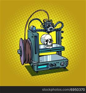 human skull 3D printer manufacturing. Comic book cartoon pop art retro illustration vector. human skull 3D printer manufacturing