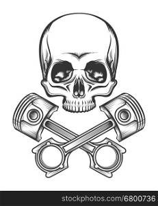 Human skull and crossed engine pistons. Isolated on white vector illustration.