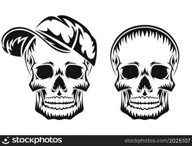 Human skull. Black silhouette. Design element. Hand drawn sketch. Vector illustration isolated on white background.. Human skull. Black silhouette. Design element. Hand drawn sketch. Vintage style. Vector illustration isolated on white background.
