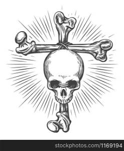 Human Skull fastened to Cross Made of Bones. Tattoo in engraving style. Vector illustration.
