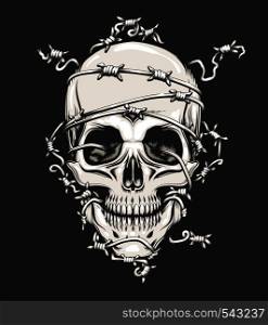 Human Skull in barbed wire drawn in tattoo style. Vector illustration.