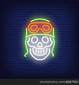 Human skull in helmet on brick background. Neon style vector illustration. Bikers club, motocross, motorcycle shop. Biker banner. For hobby, biker culture, sport concept