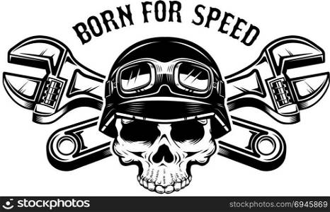 Human skull in racer helmet with crossed wrenches. Design element for logo, label, emblem, sign. Vector illustration
