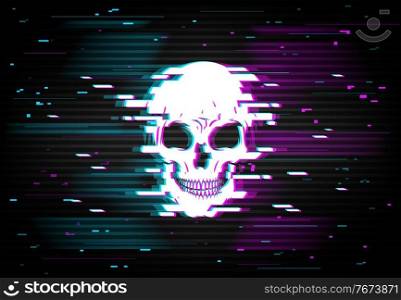 Human skull on glitching display backdrop. Danger glitch or computer program bug, hacker attack or cybersecurity breach symbol. White skull on black background, neon violet and blue pixel noise vector. Hacker attack, cybersecurity breach vector glitch