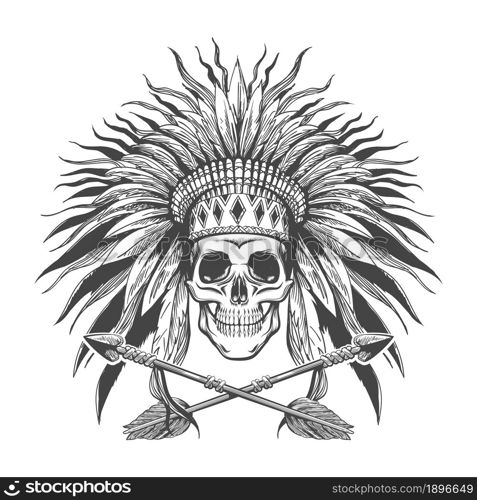 Human skull wearing native american war bonnet and two crossed arrows tattoo. Vector illustration.