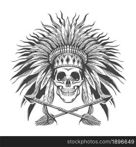 Human skull wearing native american war bonnet and two crossed arrows tattoo. Vector illustration.