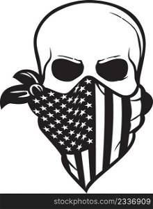 Human skull with American flag bandana black and white. Vector illustration.