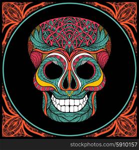 Human skull with colored ornament and lace pattern frame vector illustration. Skull With Colored Pattern