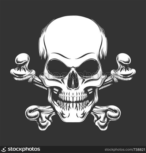 Human Skull with Crossed Bones drawn in Engraving style. Vector Illustration