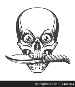 Human Skull with Eyes holds Knife in a Teeth drawn in tattoo style. Vector illustration.. Skull with Eyes and Knife in the Teeth
