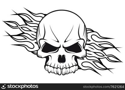 Human skull with flames for tattoo or mascot design
