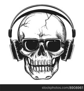 Human skull with headphones. Human skull with headphones and sunglasses enjoying music vector illustration