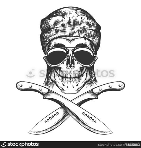 Human skull with machete. Vector Illustration drawn in tattoo style.